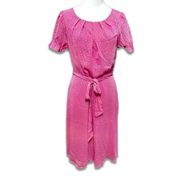 NY Collection Chiffon Midi Dress Short Ruffle Sleeves Belted Waist Pink LP NWT - Picture 1 of 9